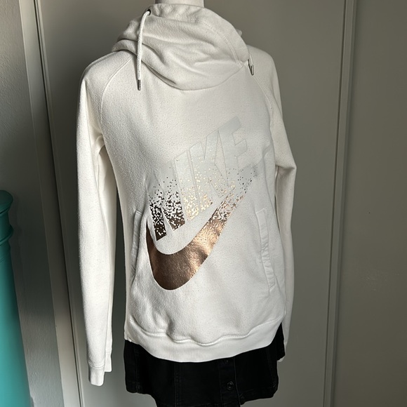 Nike Women’s Rose Gold Nike Swoosh Front Logo Funnel Neck Pullover Hoodie - Picture 6 of 6